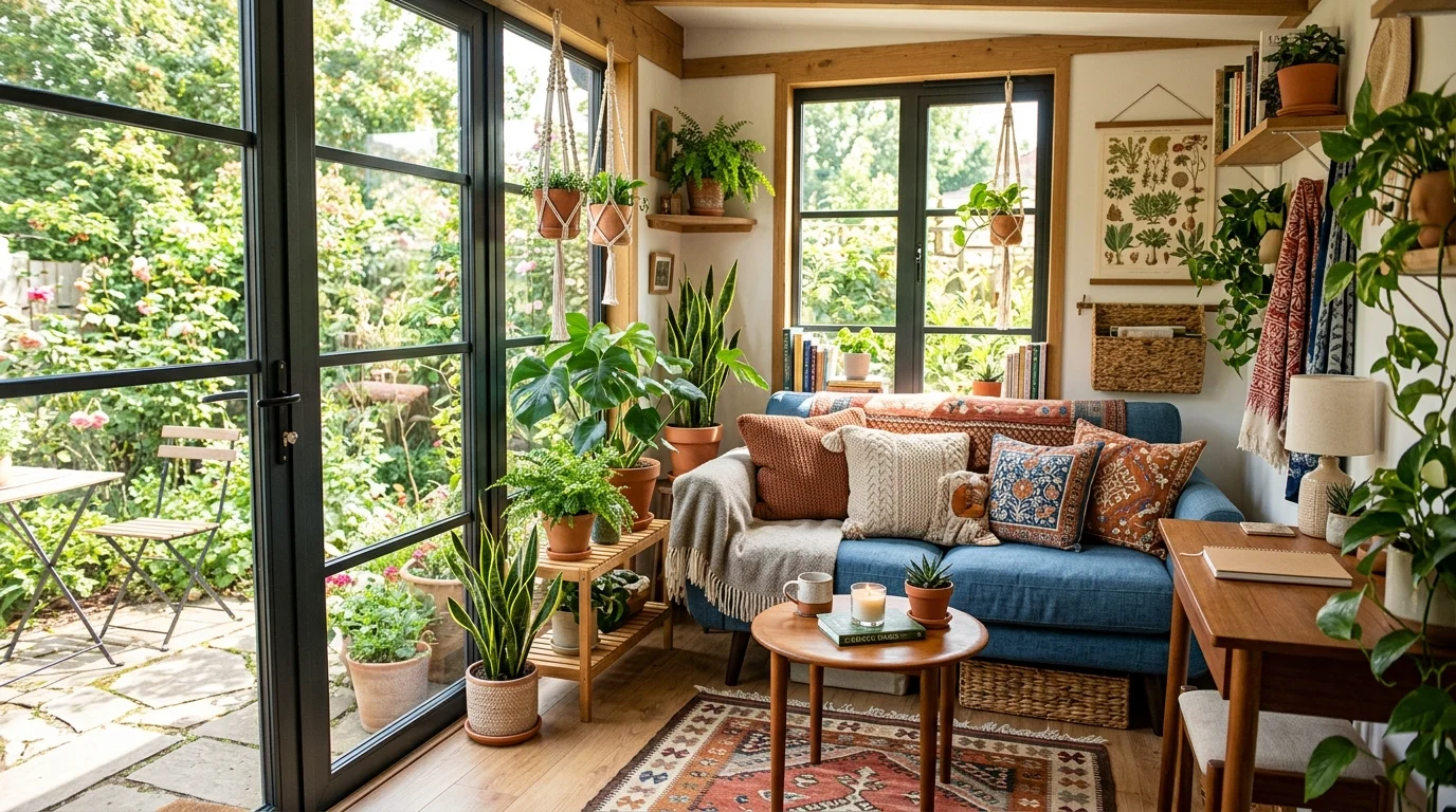 A small backyard room with compact furniture potted plants and layered textiles bright natural daylight efficient cozy layout no people