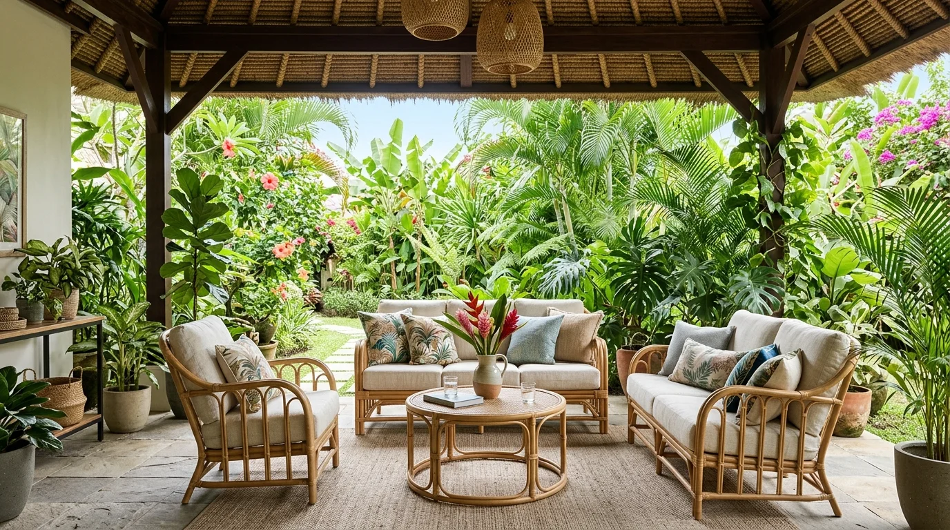 A tropical outdoor room with lush greenery rattan furniture and soft cushions bright natural light fresh relaxing environment no people