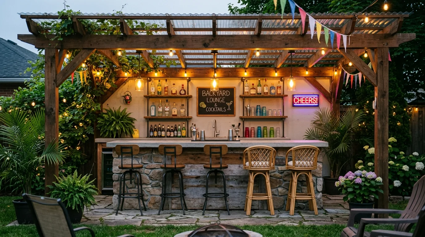 A backyard room with an outdoor bar setup including stools and a counter bright lighting fun entertaining space no people