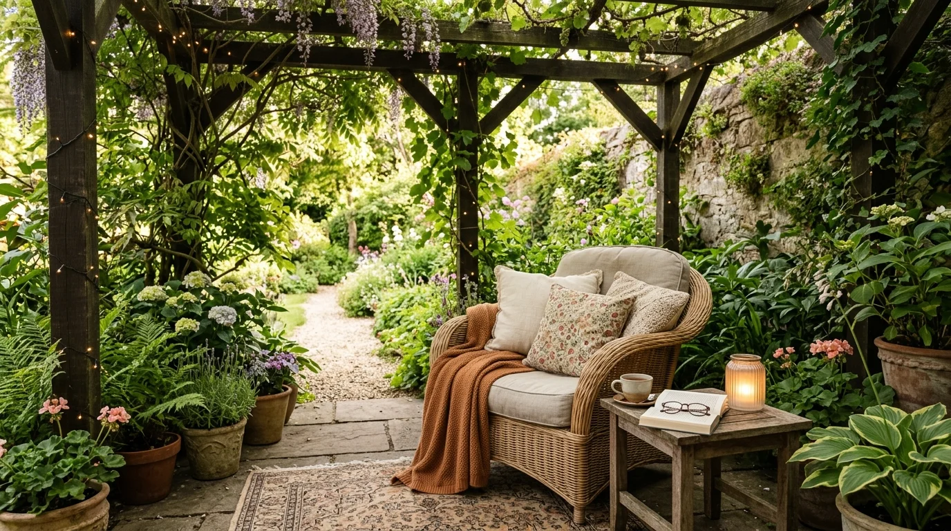 A shaded outdoor nook with a comfortable chair small table and soft decor warm lighting relaxing quiet retreat no people