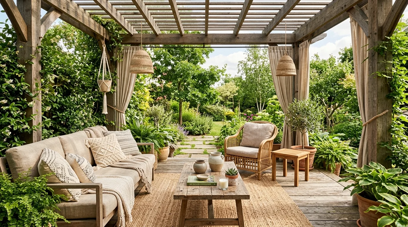 A backyard room with a mix of textures including wood fabric and greenery bright natural light harmonious outdoor design no people