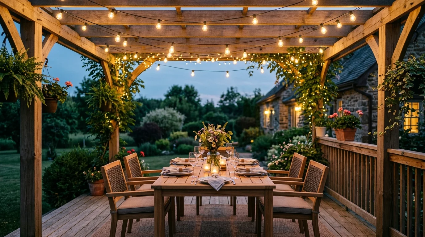 A deck with a pergola overhead draped with string lights casting a warm glow over a dining table soft evening lighting romantic outdoor ambiance no people