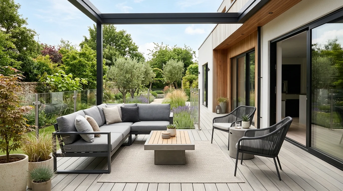 A modern patio deck with sleek furniture neutral tones and minimal decor bright lighting clean contemporary design no people