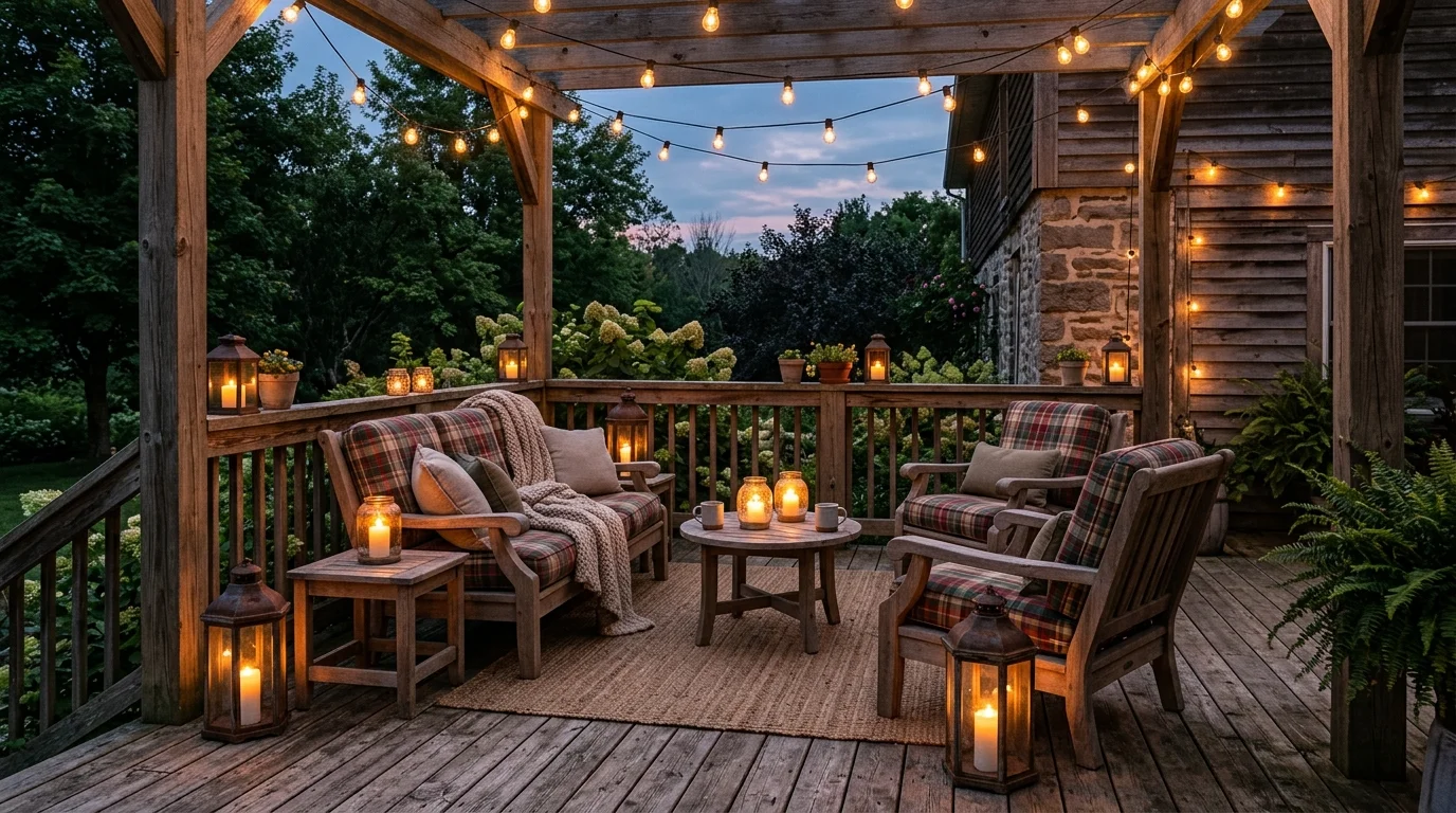 A rustic deck with wooden furniture plaid cushions and lanterns placed around warm soft lighting cozy farmhouse outdoor vibe no people