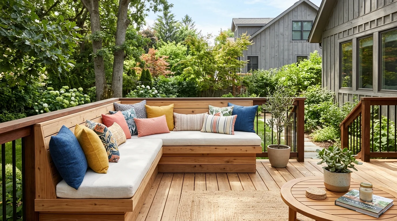 A deck with a built in bench seating area topped with cushions and pillows bright natural light functional stylish design no people