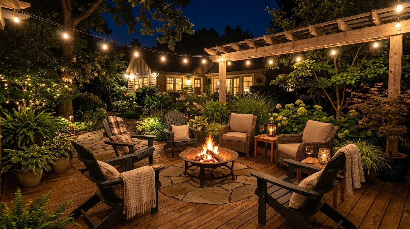 A patio deck featuring a fire pit surrounded by chairs and plants soft ambient lighting warm inviting gathering spot no people