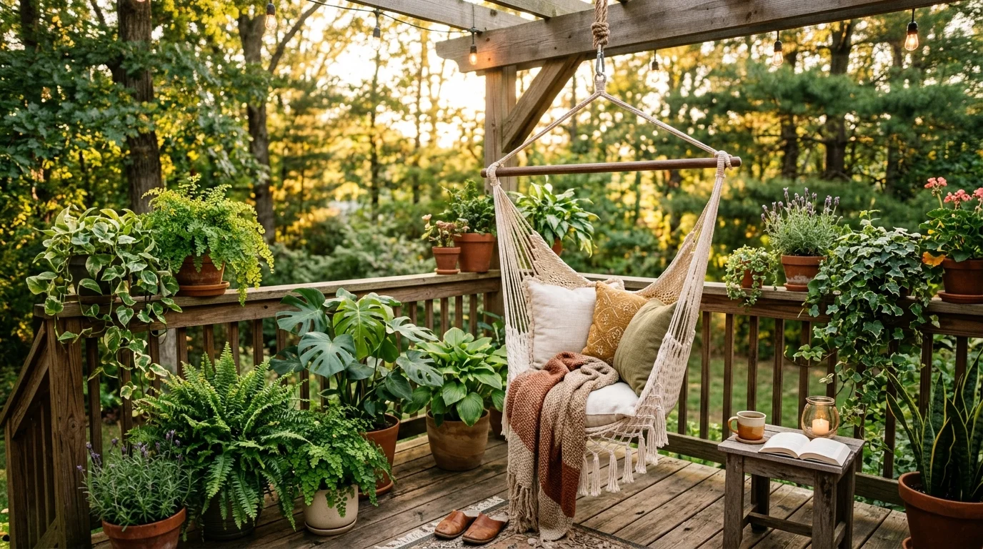 A cozy deck corner with a hammock or swing chair surrounded by plants soft golden hour lighting relaxing retreat no people