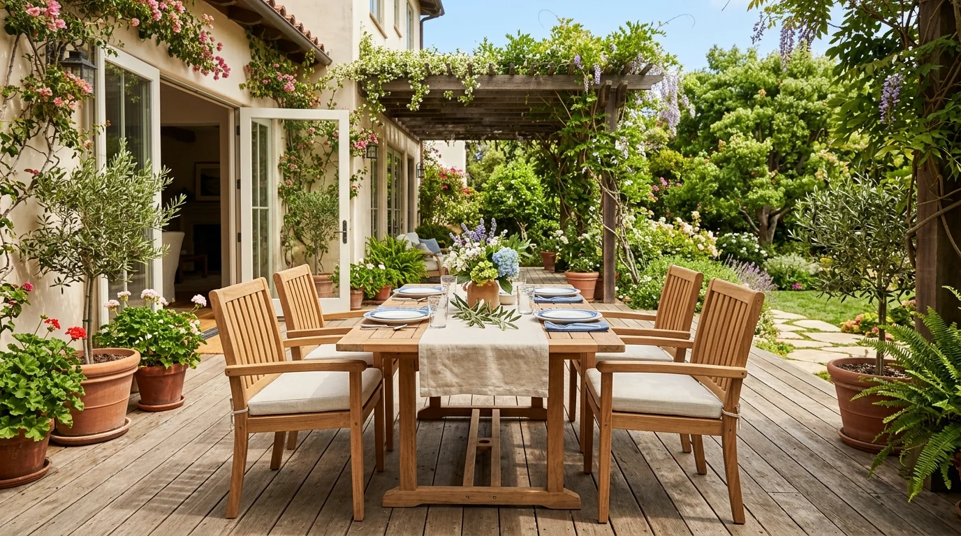 A patio deck with a dining area set with a table chairs and a simple centerpiece bright daylight inviting alfresco dining setup no people
