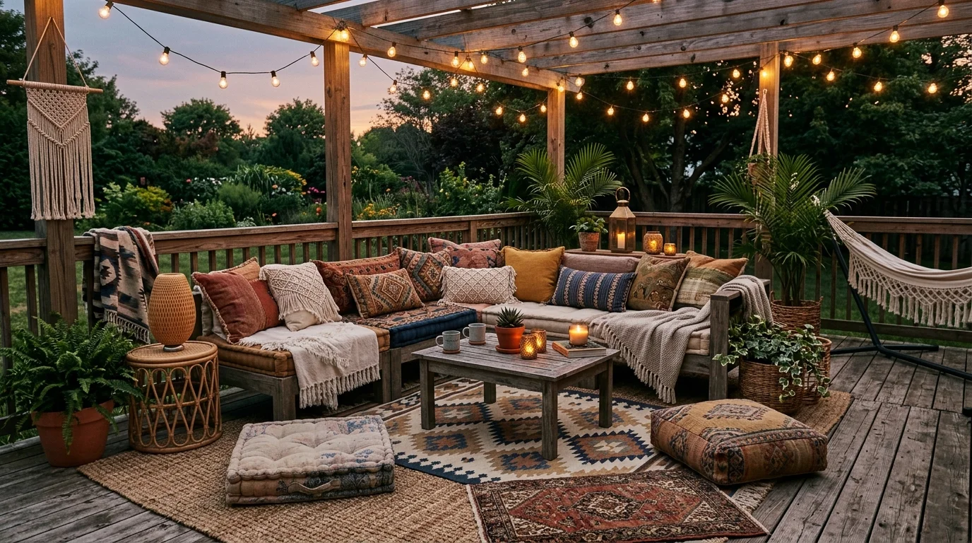 A deck with layered outdoor rugs cushions and textiles creating a cozy boho style seating area soft lighting relaxed inviting vibe no people