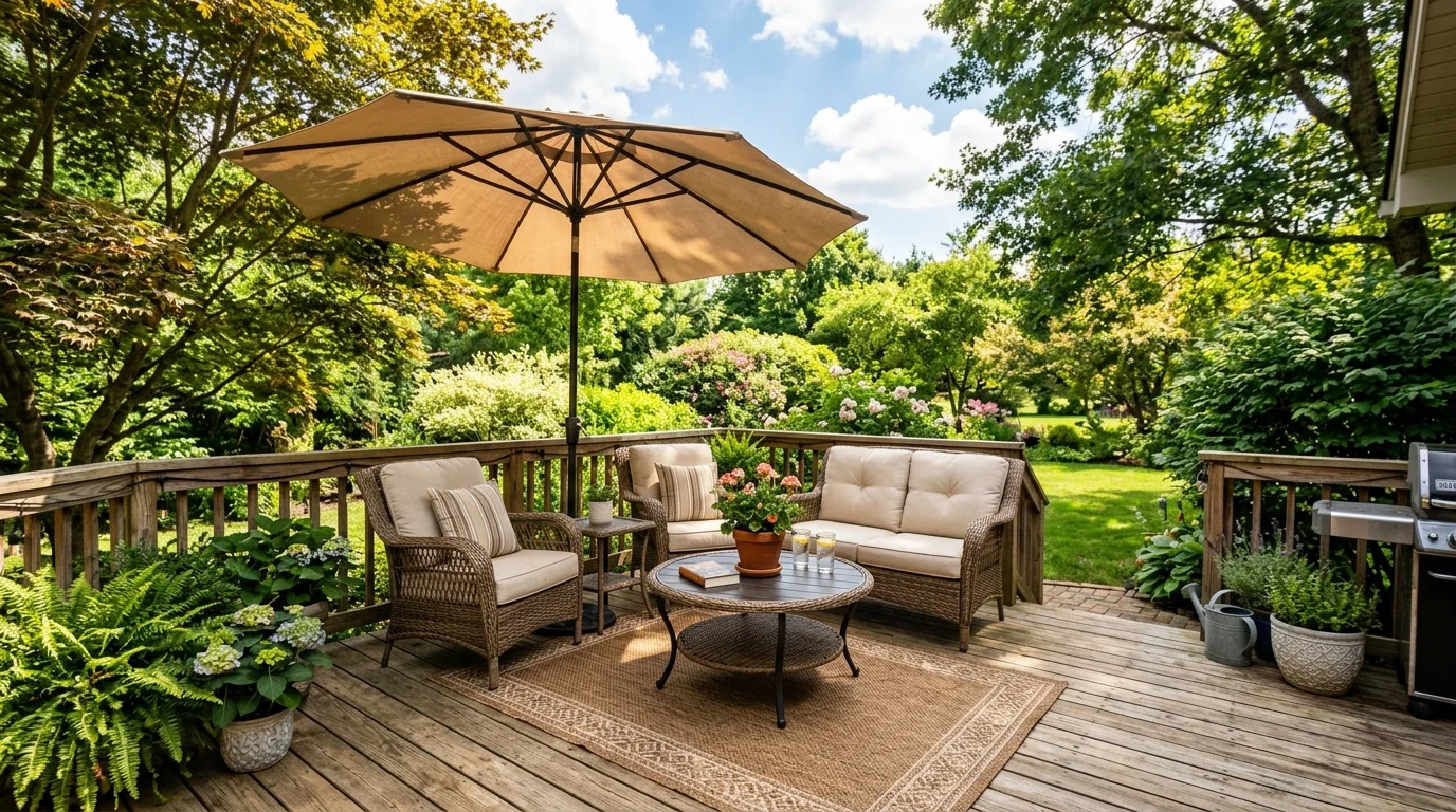 A deck with a shade umbrella covering a seating area bright natural light comfortable sunny outdoor space no people