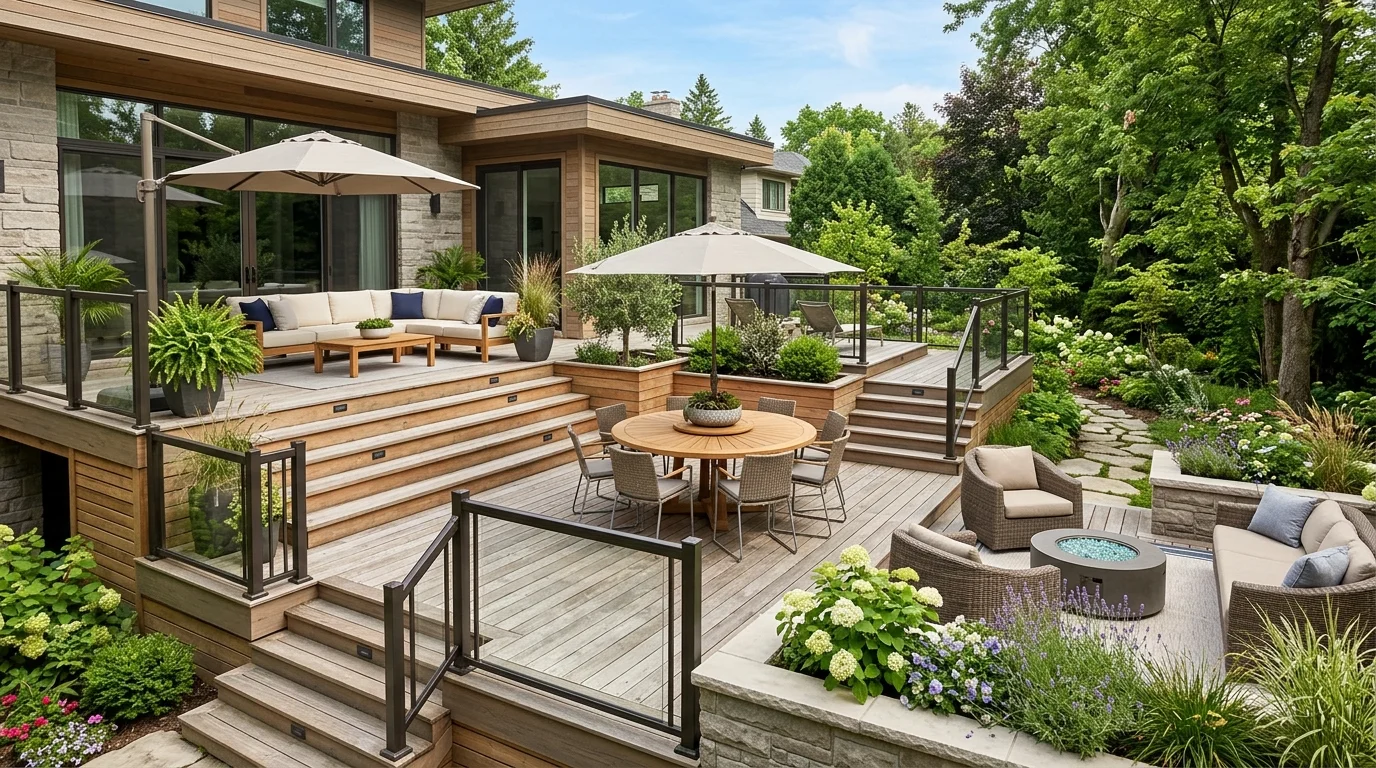 A multi level deck with distinct zones for seating dining and lounging bright daylight dynamic outdoor design no people