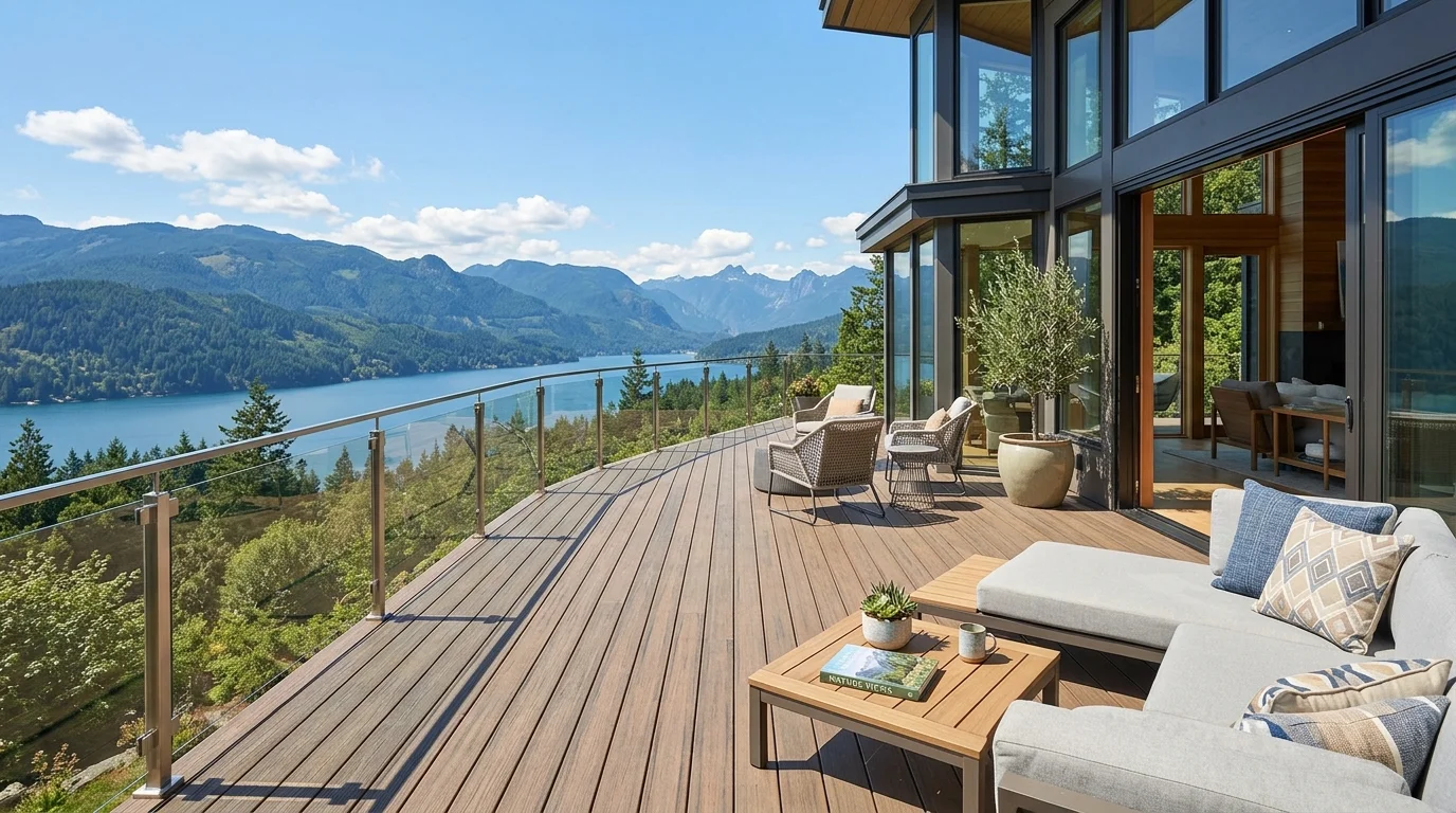 A deck with glass railing overlooking a scenic view bright natural lighting modern open outdoor feel no people