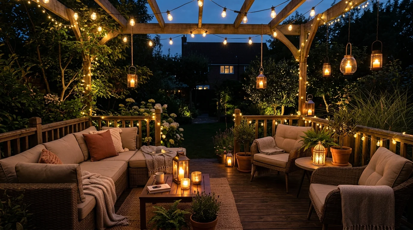 A patio deck with soft outdoor lighting including lanterns and string lights creating a magical evening ambiance warm lighting cozy inviting space no people