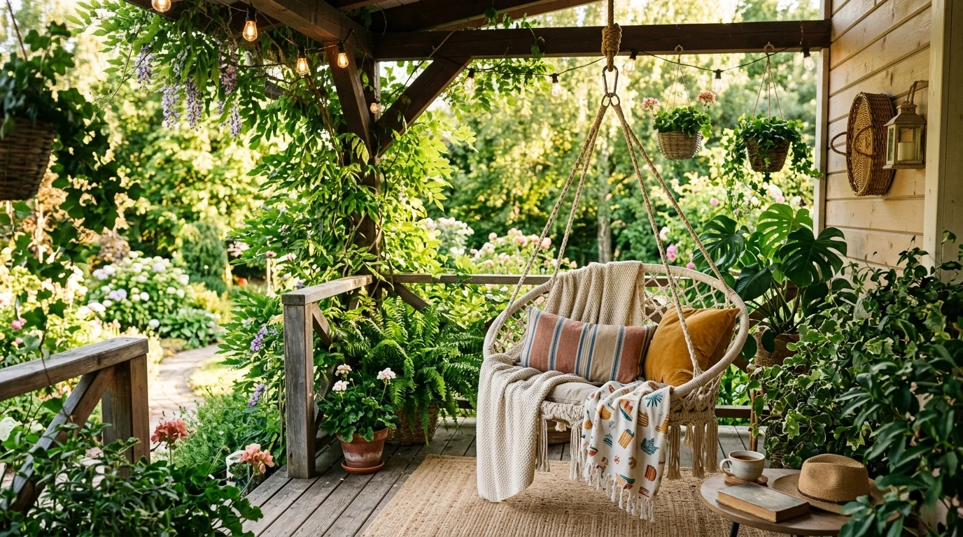 A porch with a hanging swing chair surrounded by greenery and soft pillows warm natural light relaxed summer atmosphere no people