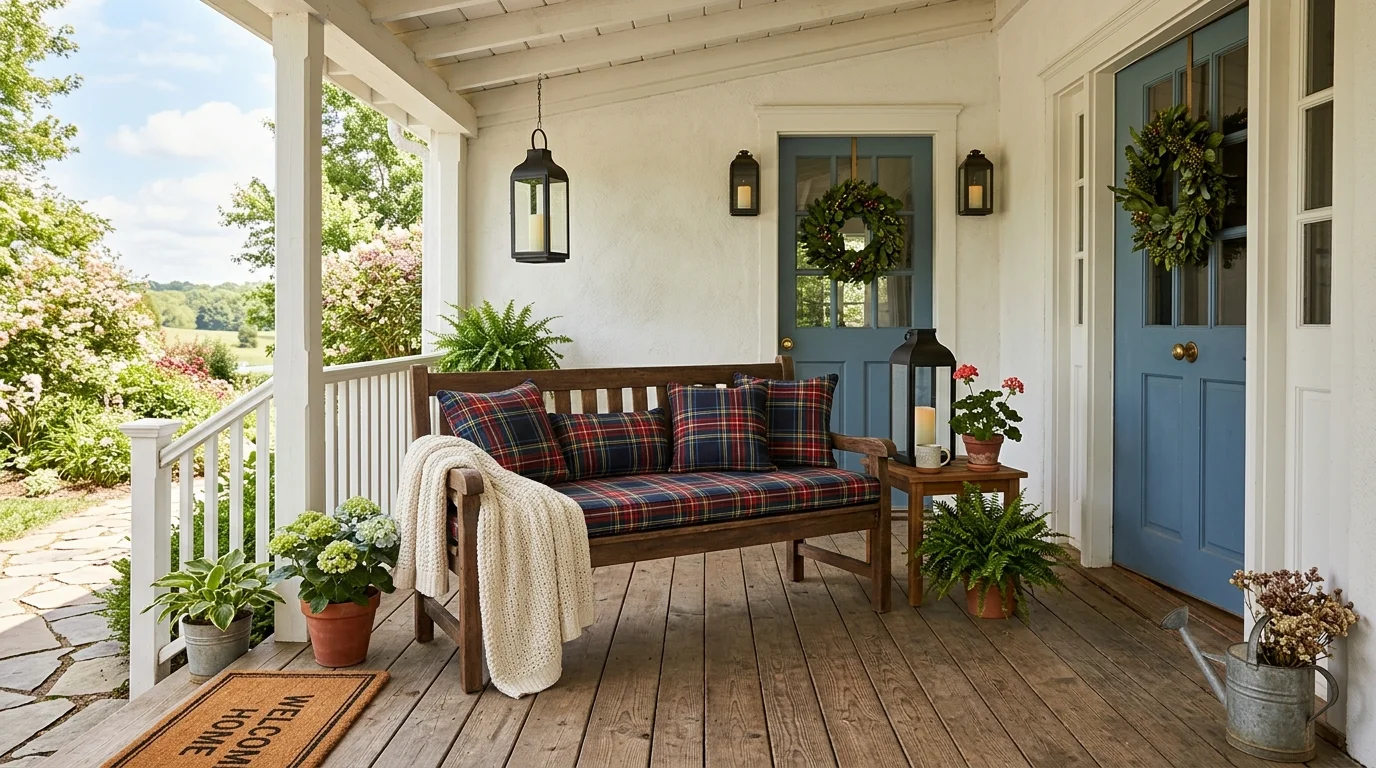 A farmhouse porch with a wooden bench plaid cushions and lanterns bright natural daylight cozy welcoming design no people