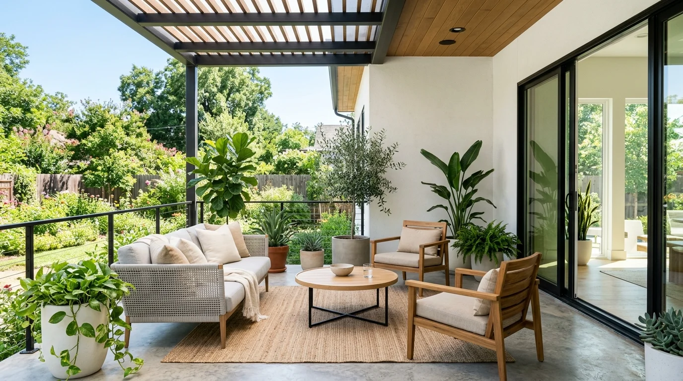 A modern porch with minimal furniture neutral tones and potted plants bright lighting clean summer style no people