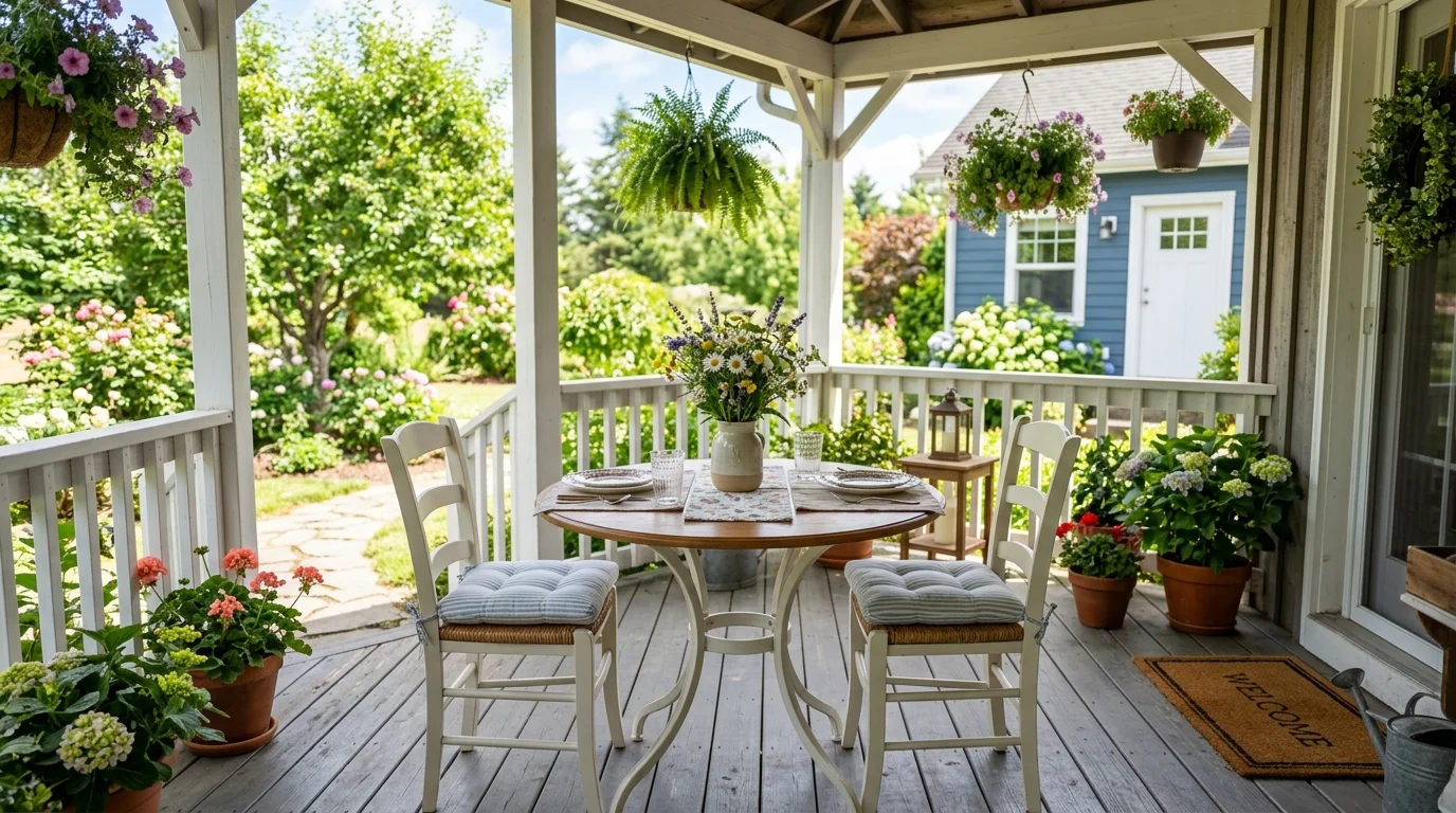 A porch with a small dining setup including a table chairs and a simple centerpiece bright natural light cheerful outdoor space no people