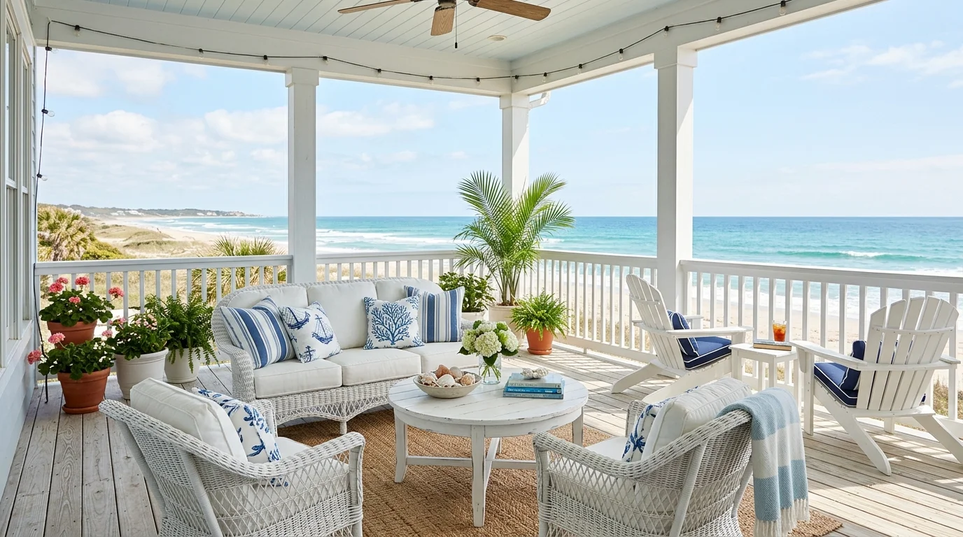 A coastal porch with white furniture blue accents and light decor bright natural daylight breezy seaside vibe no people