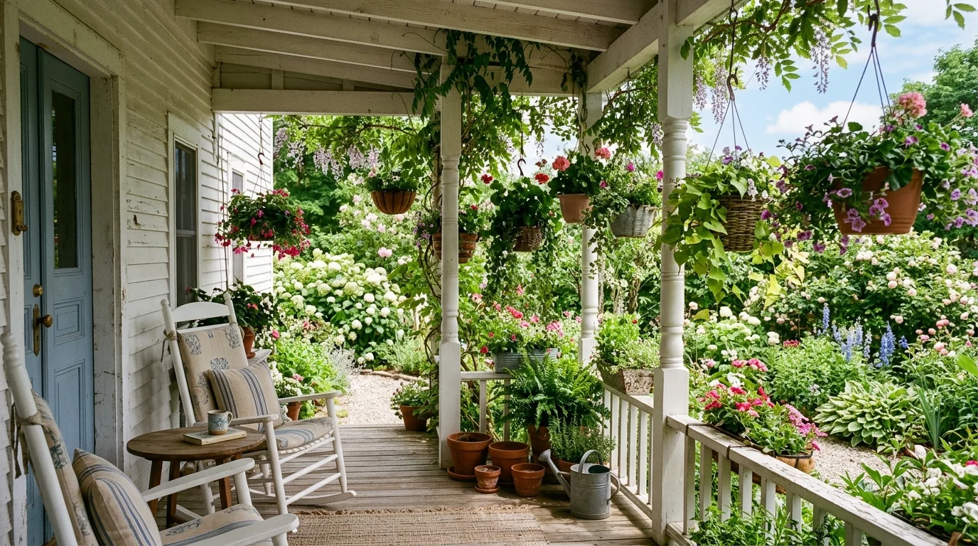 A porch with hanging planters and trailing greenery bright natural light lush summer garden feel no people