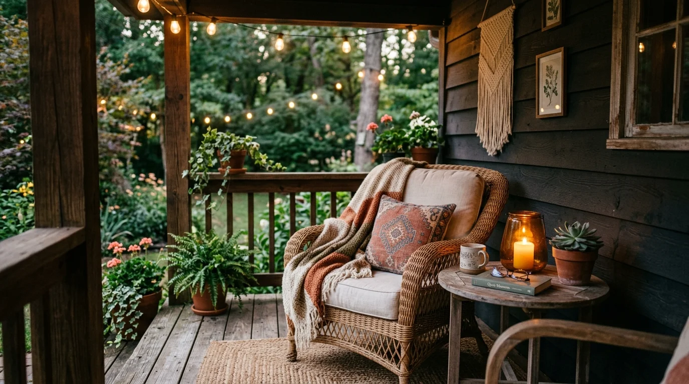 A cozy porch corner with a chair small table and soft throw warm lighting relaxing outdoor nook no people