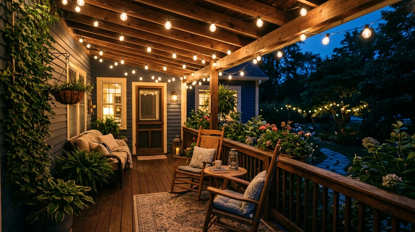 A porch with string lights draped overhead creating a warm glow in the evening soft ambient lighting inviting summer nights no people
