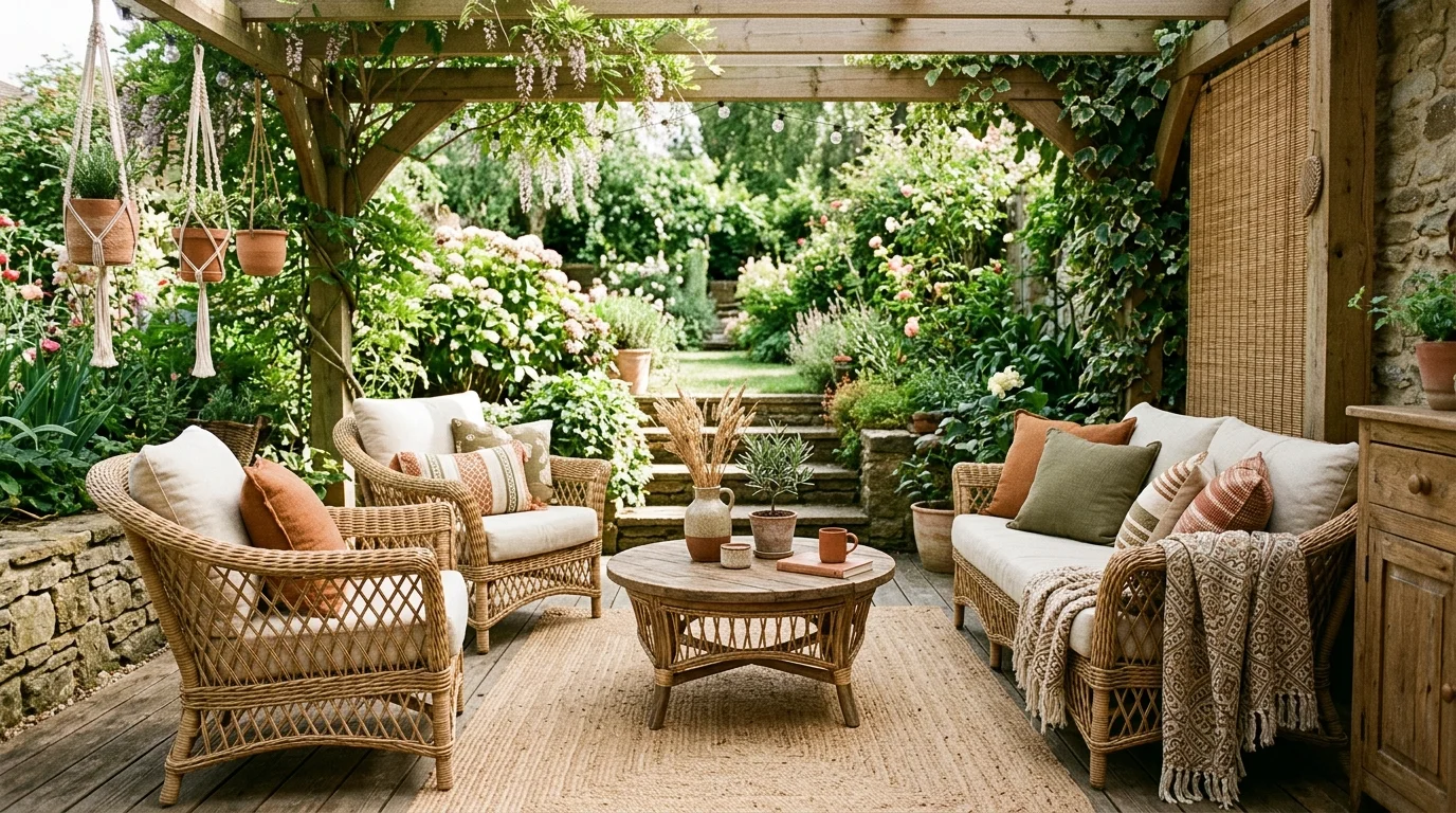 A space with a mix of textures including wood wicker and fabric bright natural daylight balanced outdoor design no people
