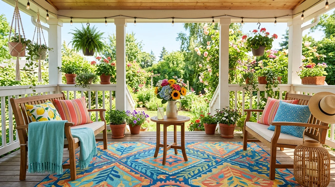 A porch with a bright patterned rug and simple furniture bright natural light vibrant summer decor no people