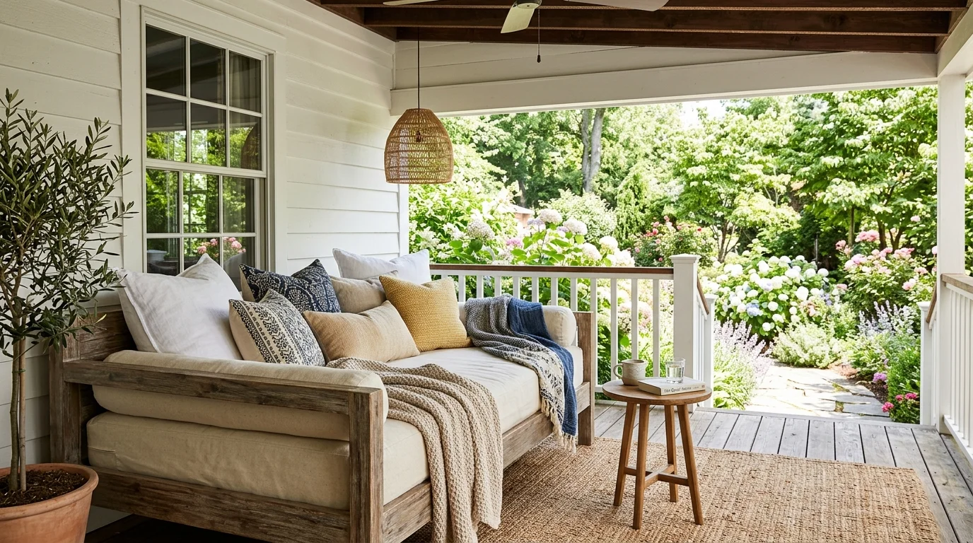 A porch with a daybed layered with cushions and blankets bright natural daylight luxurious outdoor lounging no people