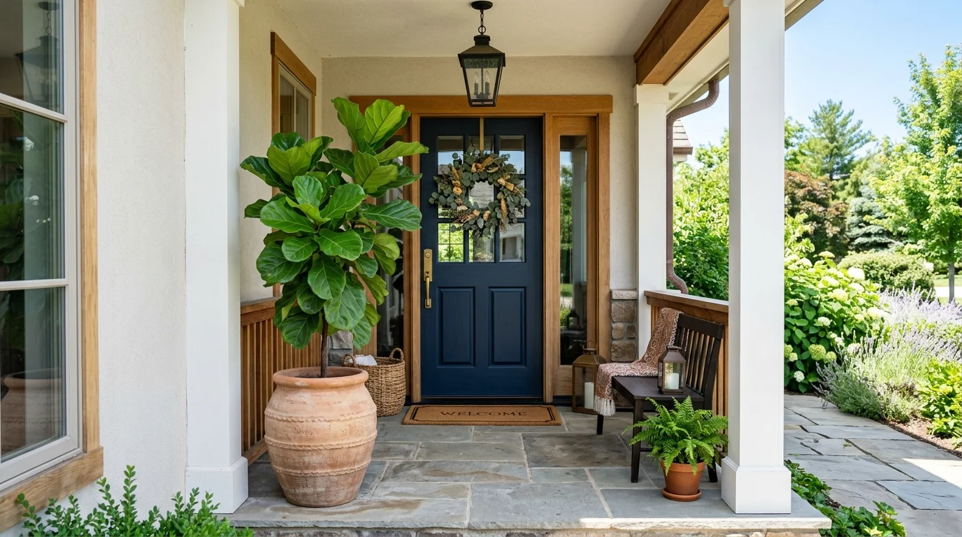 A porch with a large potted plant placed near the entrance bright natural light fresh welcoming touch no people