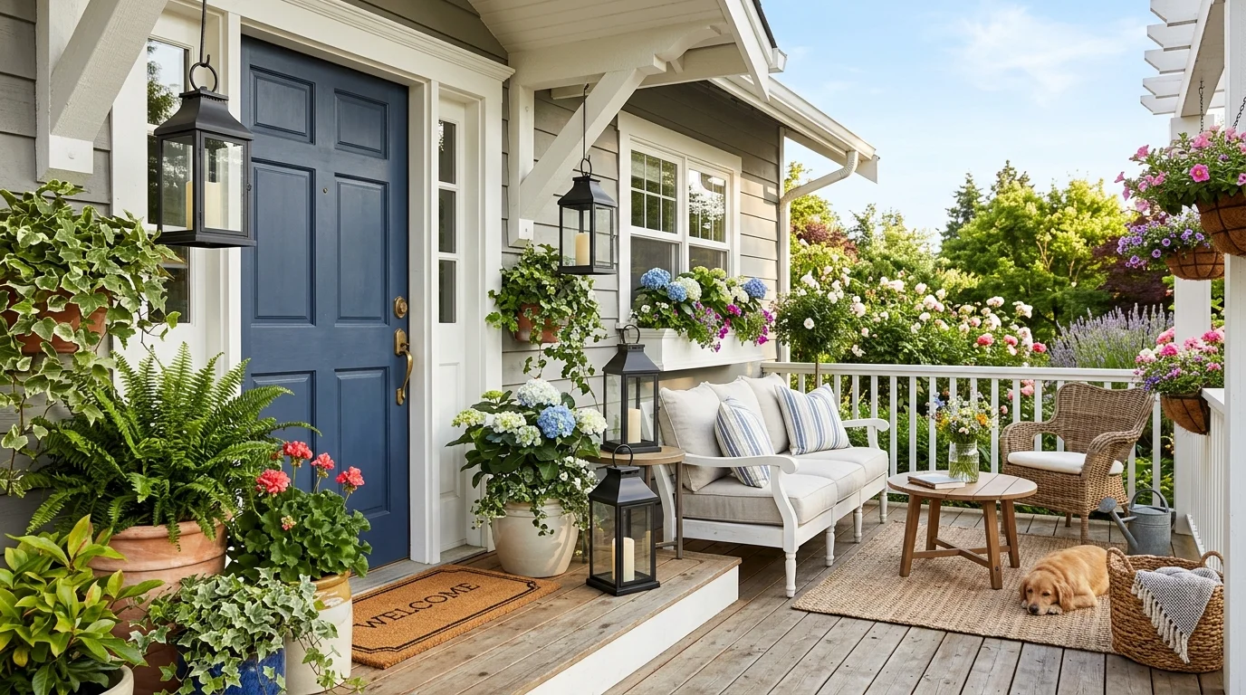 A welcoming porch with a mix of decor elements including lanterns greenery and seating bright natural daylight stylish summer entrance