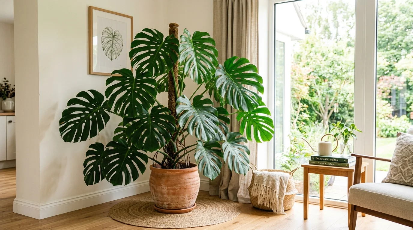 A corner with a large monstera plant with wide split leaves creating a tropical focal point bright natural light lush indoor decor no people