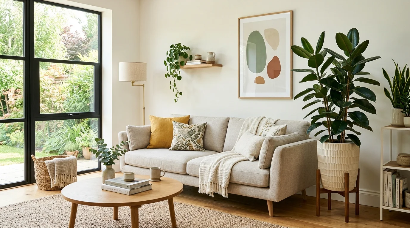A living room with a rubber plant in a tall planter beside a sofa bright natural daylight stylish greenery accent no people