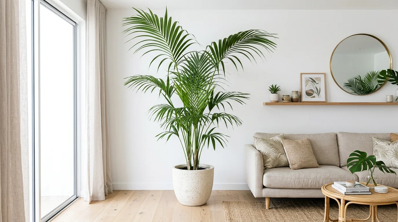 A space with a palm tree plant adding height and texture to the room bright lighting fresh tropical vibe no people