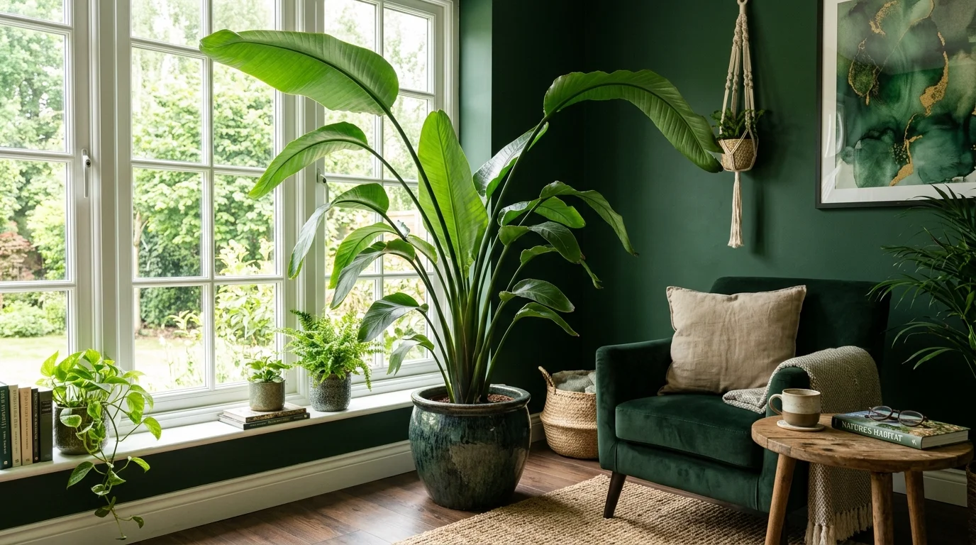 A room with a bird of paradise plant with large leaves placed near a window bright natural light dramatic green statement no people