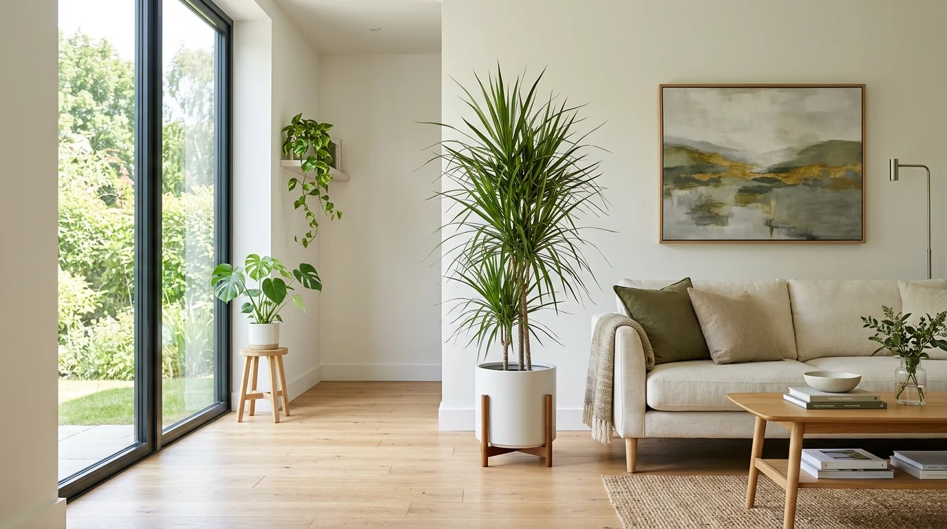 A living room with a tall dracaena plant in a modern pot bright natural daylight sleek indoor greenery no people