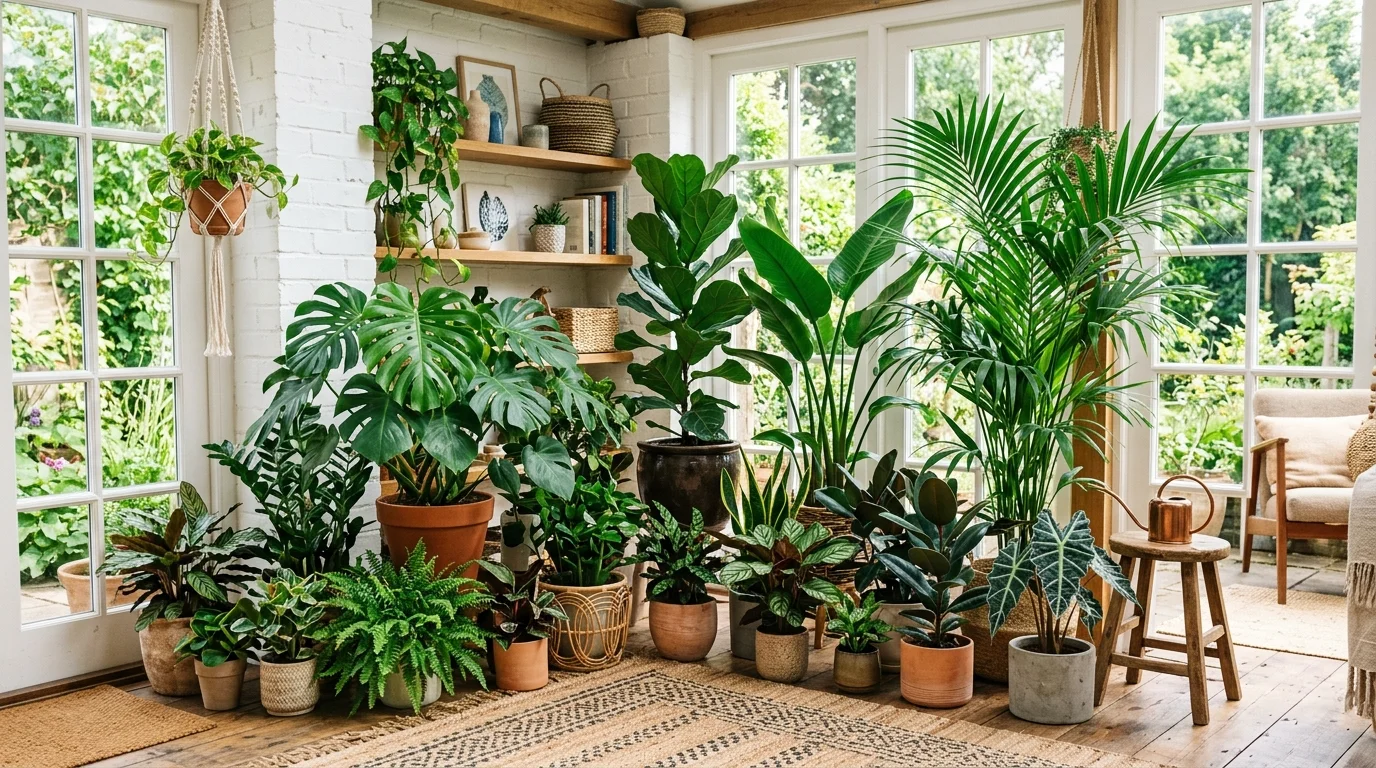 A space with multiple large plants grouped together creating a mini indoor jungle bright natural light vibrant lush decor no people
