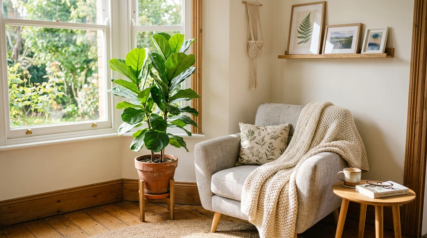 A cozy corner with a large leafy plant beside an armchair bright natural daylight relaxing green retreat no people