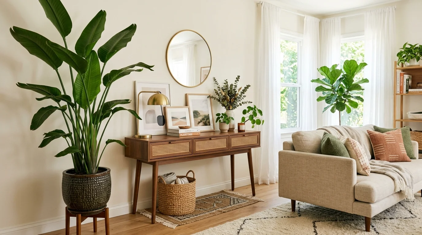 A living room with a large plant placed near a console table bright lighting balanced stylish greenery no people