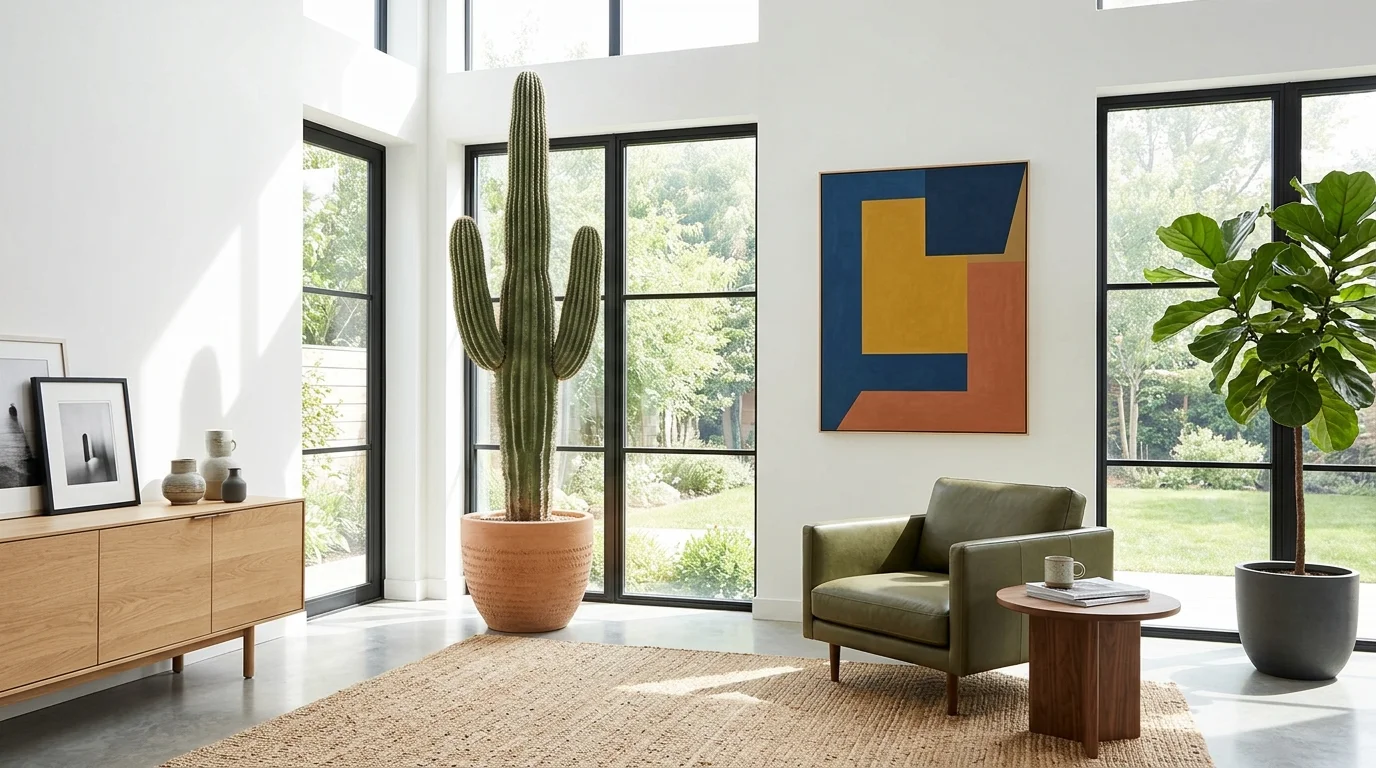 A room with a tall cactus adding a unique sculptural element bright natural light bold modern design no people