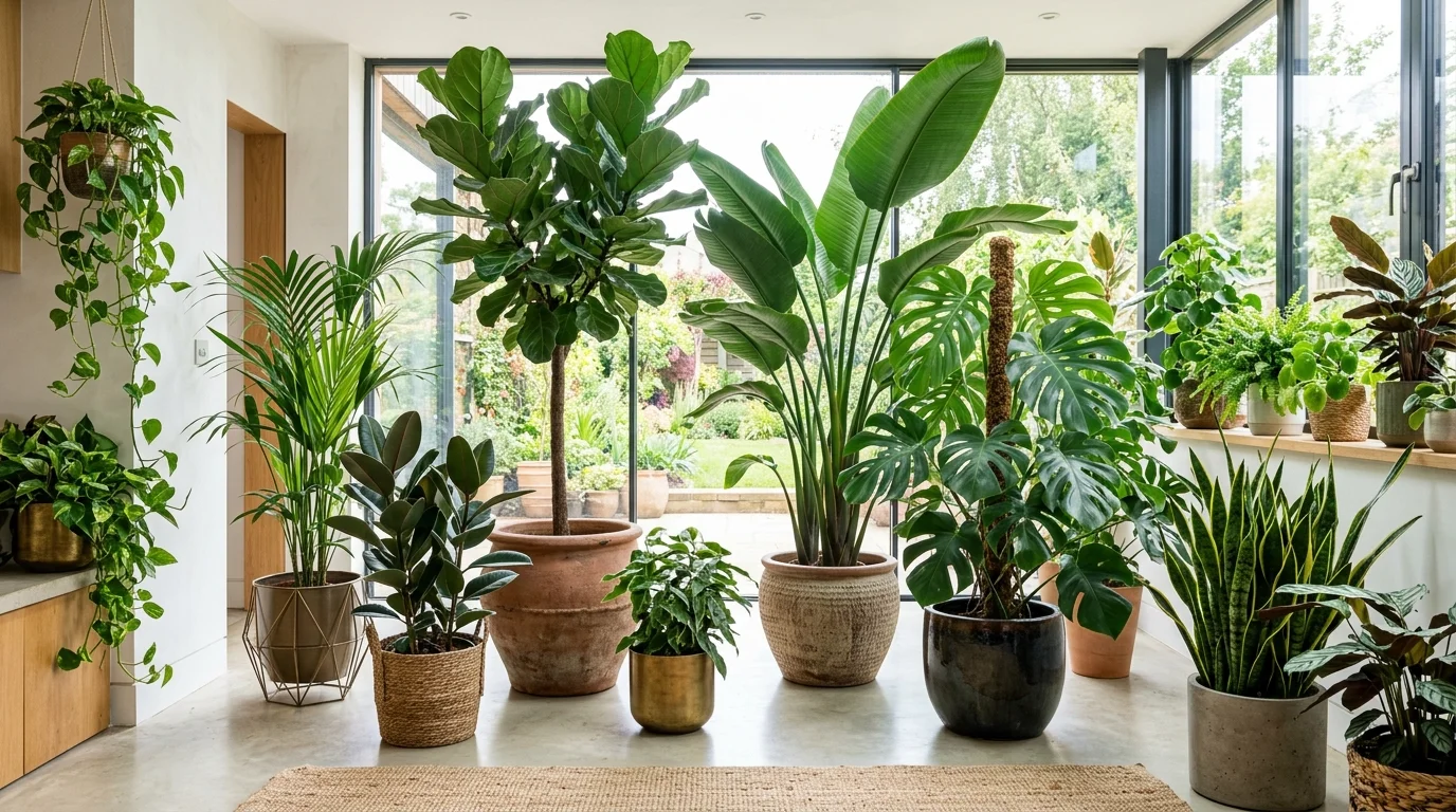 A space with a mix of large plants in decorative pots bright lighting layered greenery effect no people