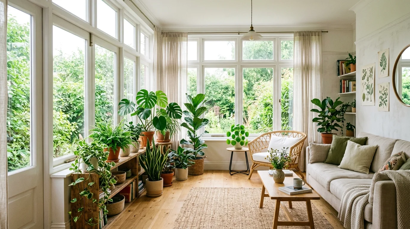 A bright living room with plants placed near large windows enhancing their vibrancy natural daylight airy green atmosphere no people