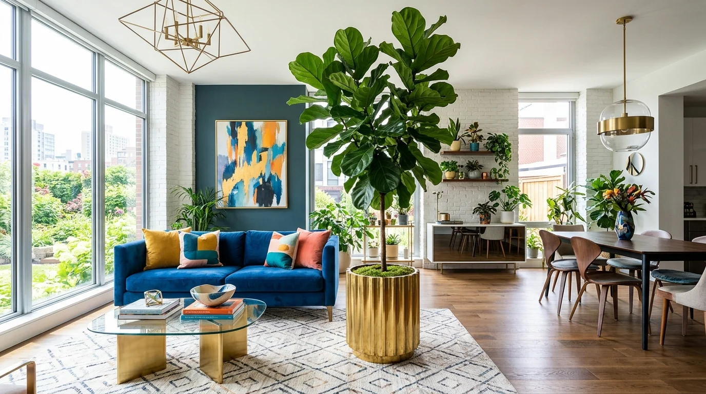 A room with a statement plant placed in the center of the space bright lighting bold focal decor no people