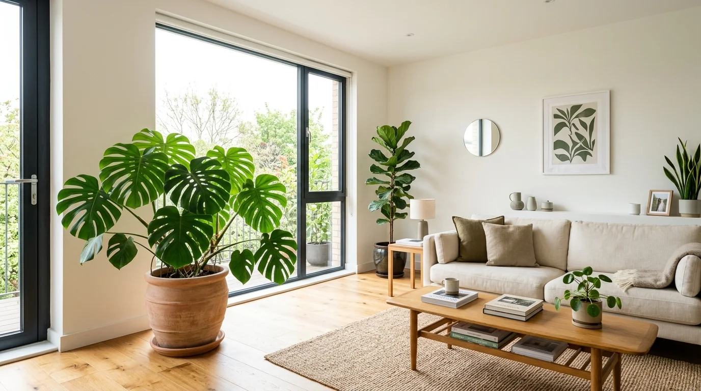 A living room with a large plant paired with minimal decor bright natural daylight clean modern greenery look no people