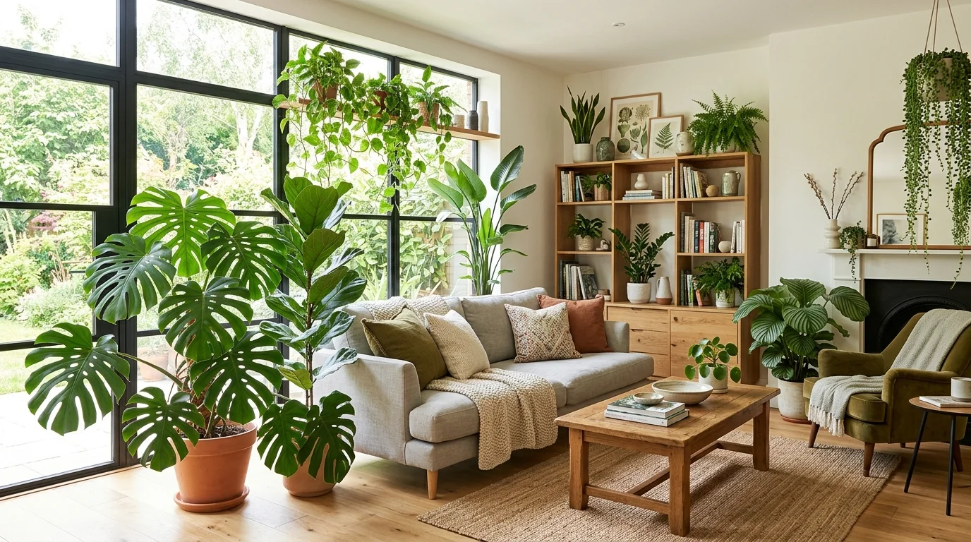 A well styled living room with multiple large houseplants creating a fresh inviting environment bright natural daylight lush indoor statement