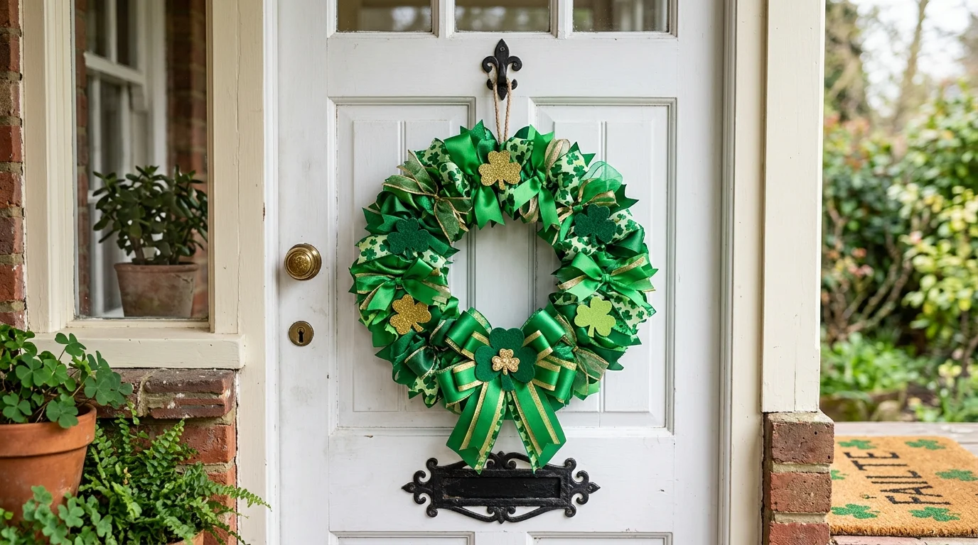 A DIY wreath with layered green ribbons gold accents and small shamrock cutouts mounted on a white door soft daylight playful holiday styling no people
