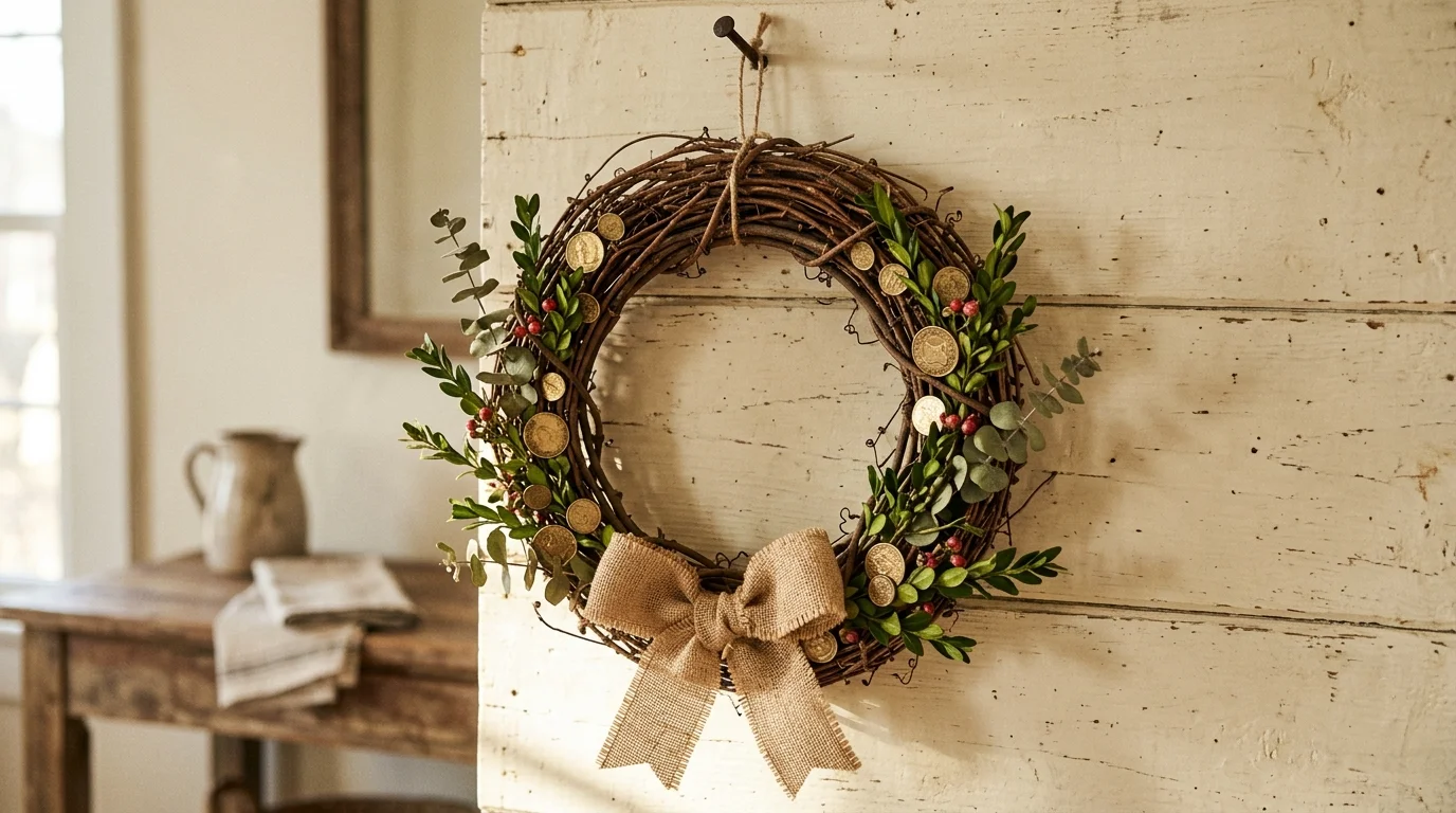 A rustic wreath crafted from twigs decorated with greenery tiny gold coins and a burlap bow warm natural lighting cozy farmhouse charm no people