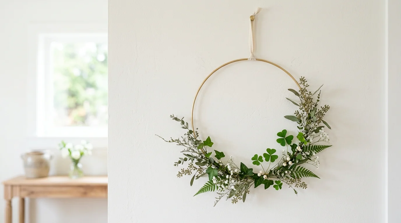 A modern minimalist wreath featuring a metal hoop with sparse greenery and a few shamrock accents bright natural light clean festive design no people