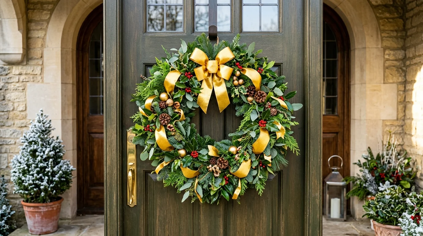 A vibrant wreath with mixed green foliage and pops of gold ribbon arranged on a front door bright lighting bold festive look no people