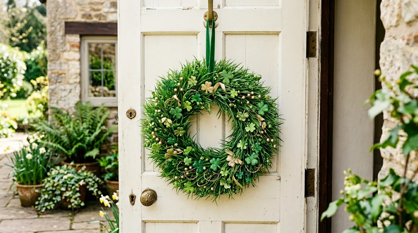 A wreath made from faux grass with scattered shamrocks and subtle gold details bright daylight fresh lively holiday vibe no people