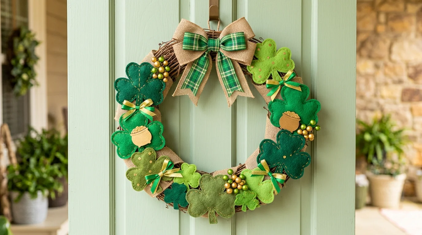 A wreath decorated with green felt shamrocks in different sizes layered across a base bright lighting fun handmade festive design no people